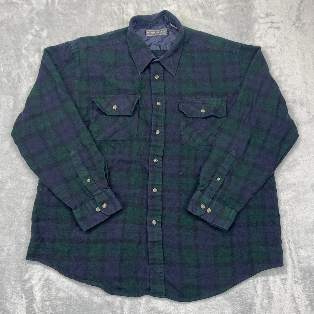 David Taylor Shirt Mens XL Multi Plaid Flap Pockets Long Sleeve Collar Button Up
